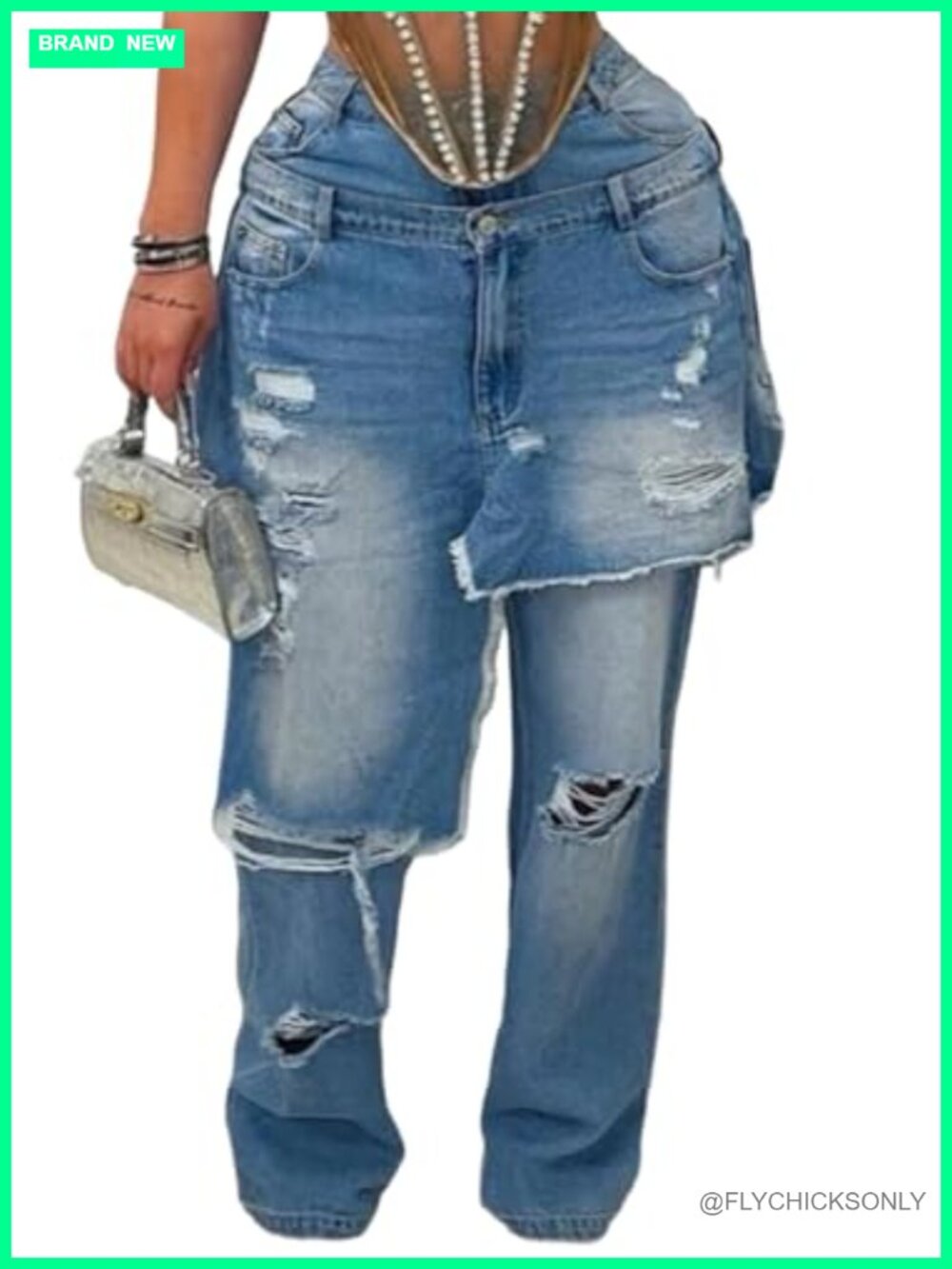 Womens High Waisted Ripped Wide Leg Jeans Patchwork Denim Pants